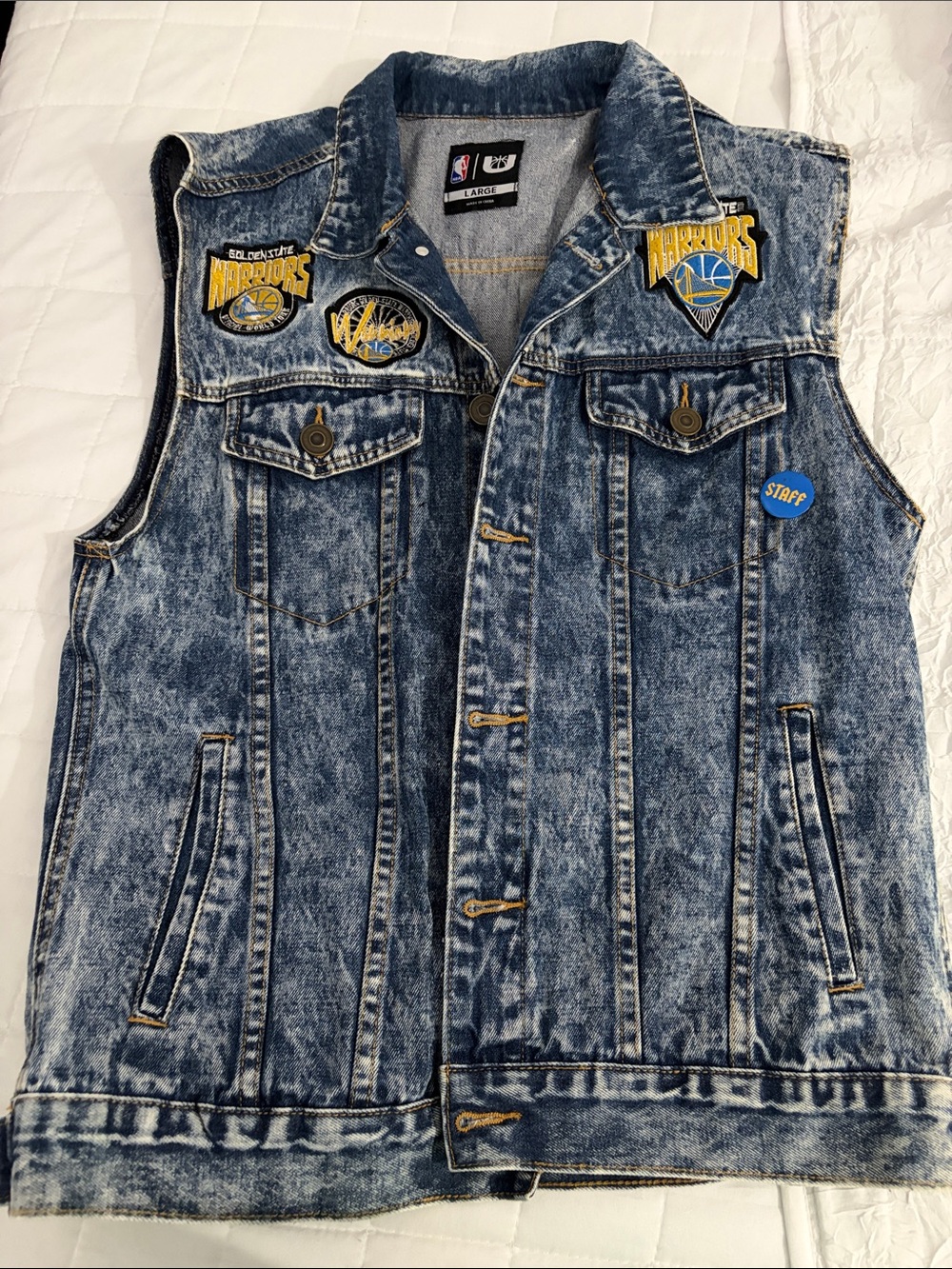 NBA Acid Wash Blue Denim Vest with Golden State Patches